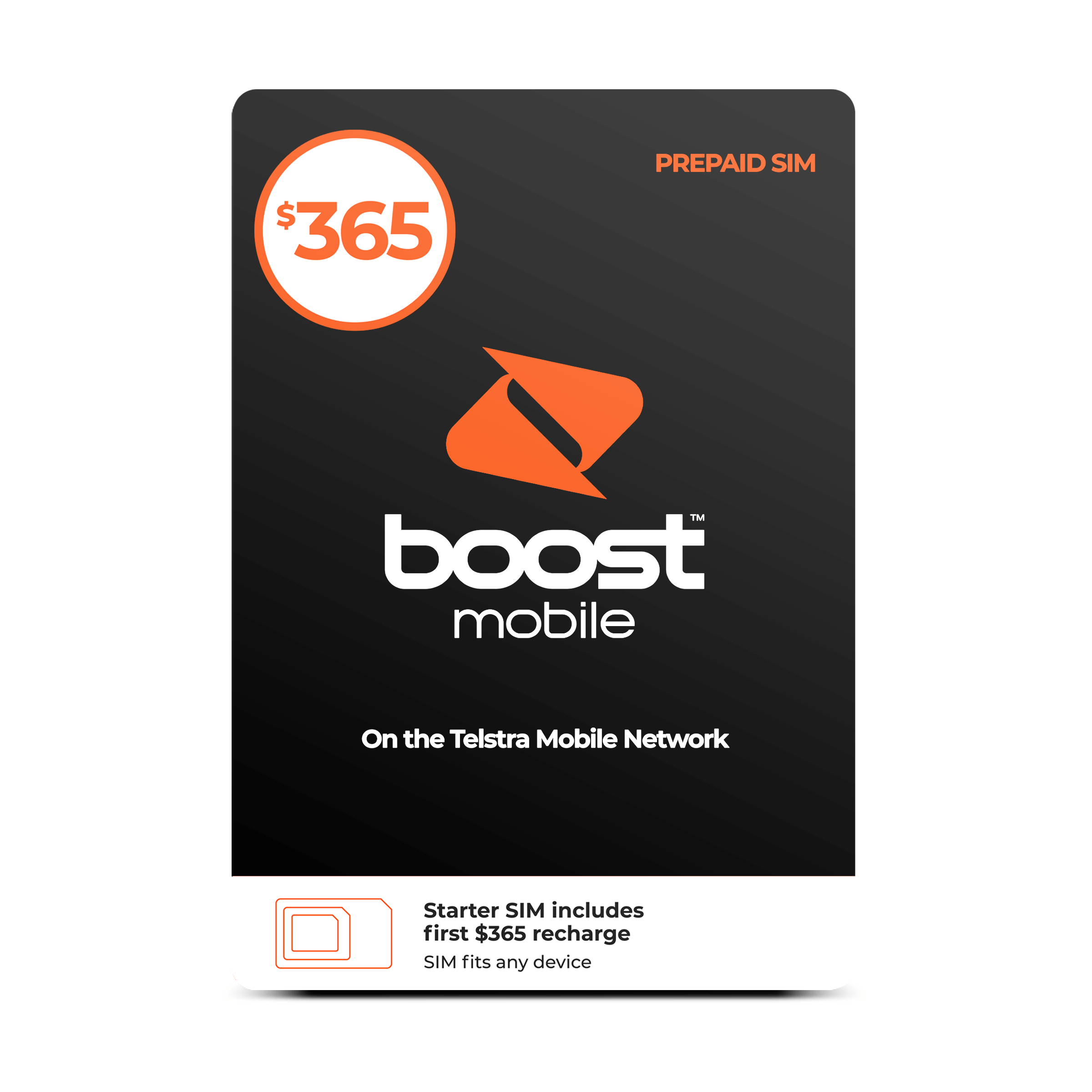 $365 Boost Mobile Prepaid SIM (on sale for $330), on the Telstra Mobile Network, Starter SIM includes first $365 recharge, SIM fits any device