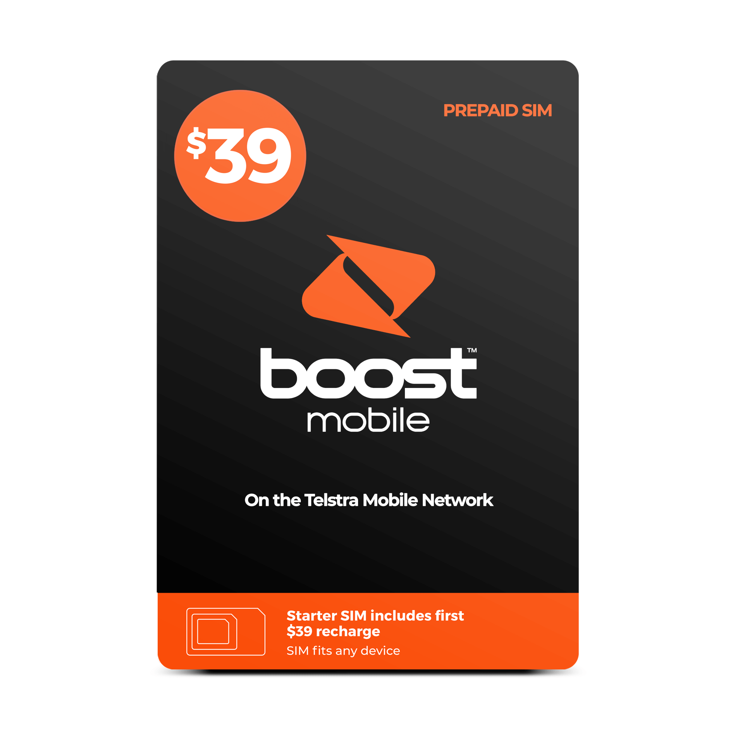 $39 Boost Mobile Prepaid SIM (on sale for $13), on the Telstra Mobile Network, Starter SIM includes first $39 recharge, SIM fits any device