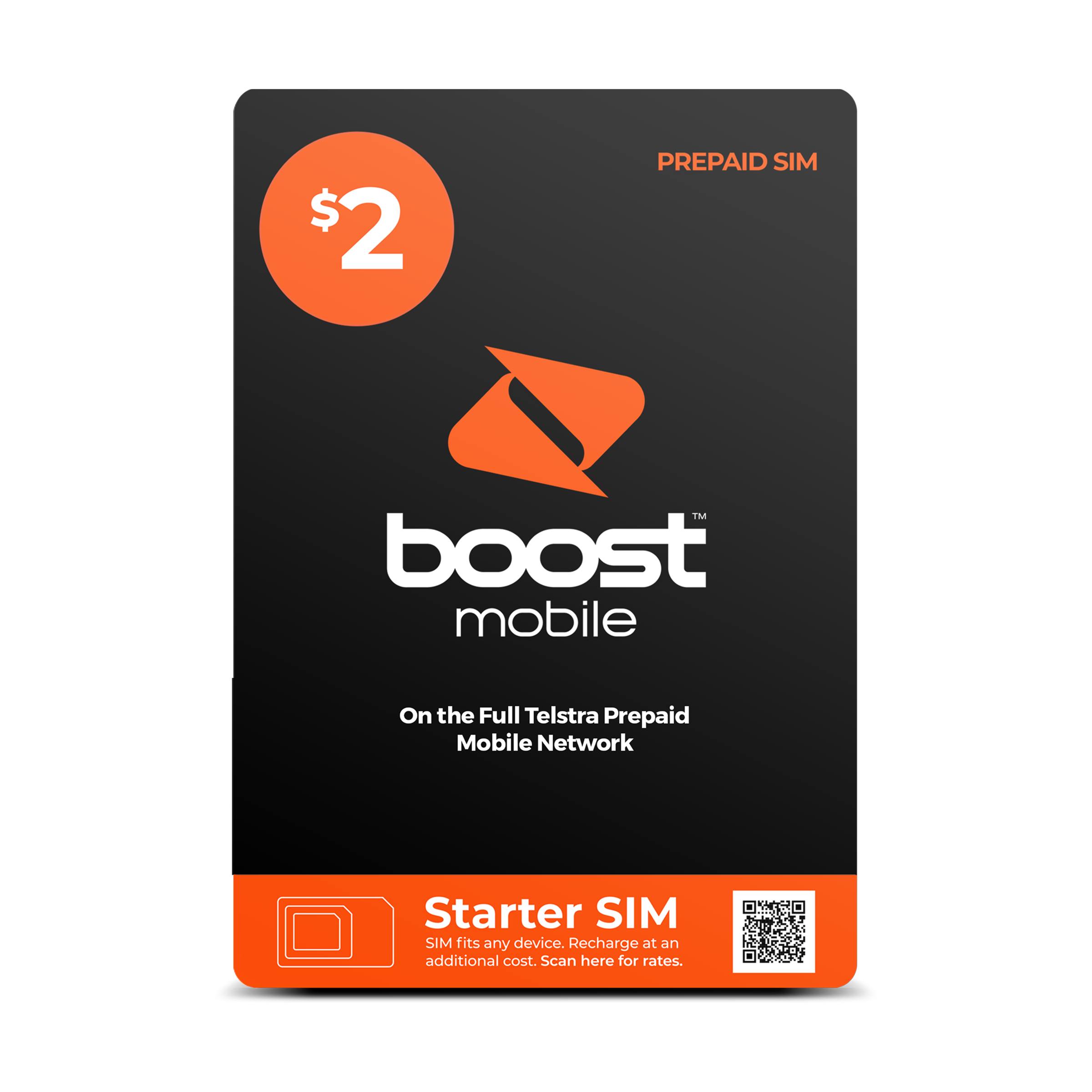 $2 Boost Mobile Prepaid SIM , on the Telstra Mobile Network, Recharge at an additional cost, SIM fits any device