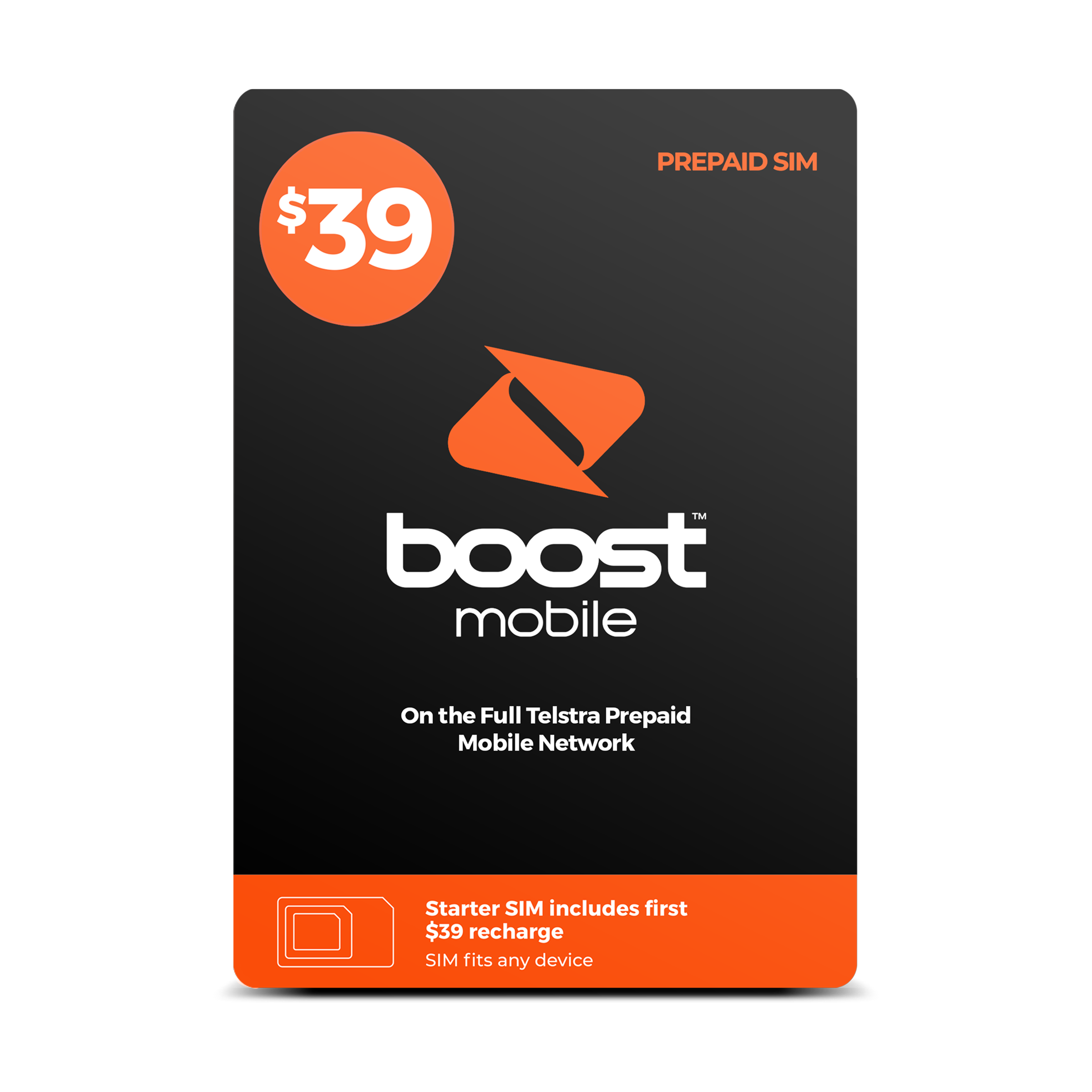$39 Boost Mobile Prepaid SIM, on the Telstra Mobile Network, Starter SIM includes first $39 recharge, SIM fits any device
