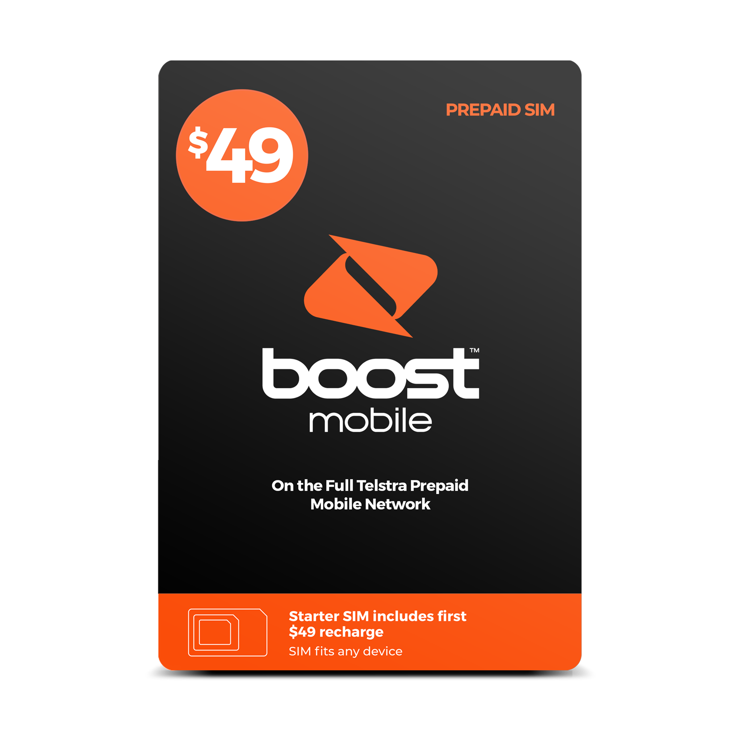 $49 Boost Mobile Prepaid SIM , on the Telstra Mobile Network, Starter SIM includes first $49 recharge, SIM fits any device